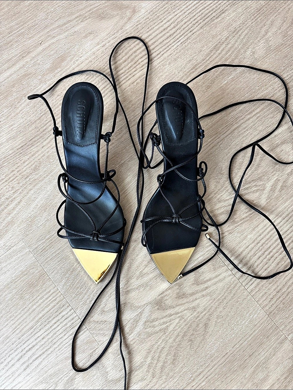 SCHUTZ Kania Lace-Up Pointed Toe Heels Black & Gold US 8